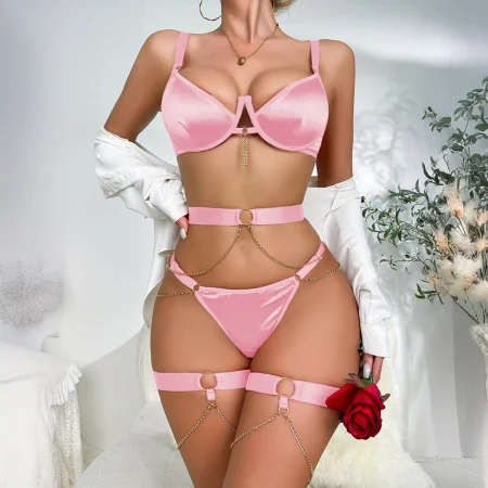 [PACK] Conjunto de Lencería Rosa de Satén con Cadenas y Arnés – Tallas M