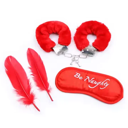 Kit Erótico Be Naughty – Antifaz, Esposas, Plumas y Dados - Rojo