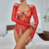Body Rojo de Red con Brillantes y Tirantes Cruzados – Talla Única